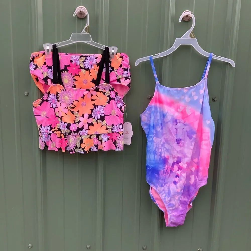 Girls Flounce Bikini & Unicorn One Piece Swimsuit Bathing Suit 2-Pack XL